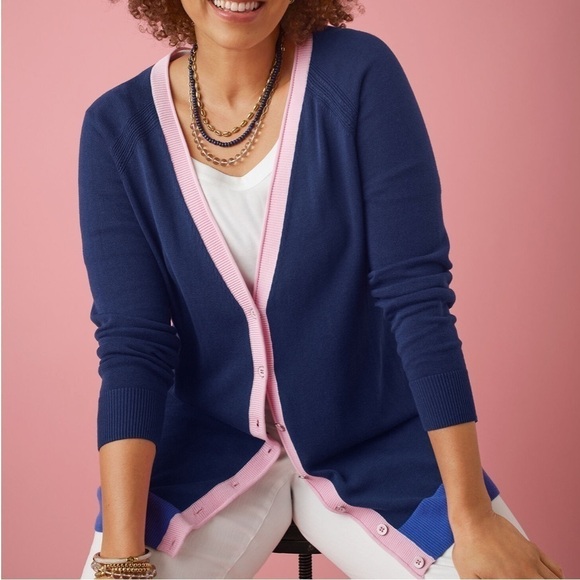 TALBOTS Girlfriend Cardigan Tipped Blue Pink Preppy Classic Size Small Petite - Picture 12 of 12